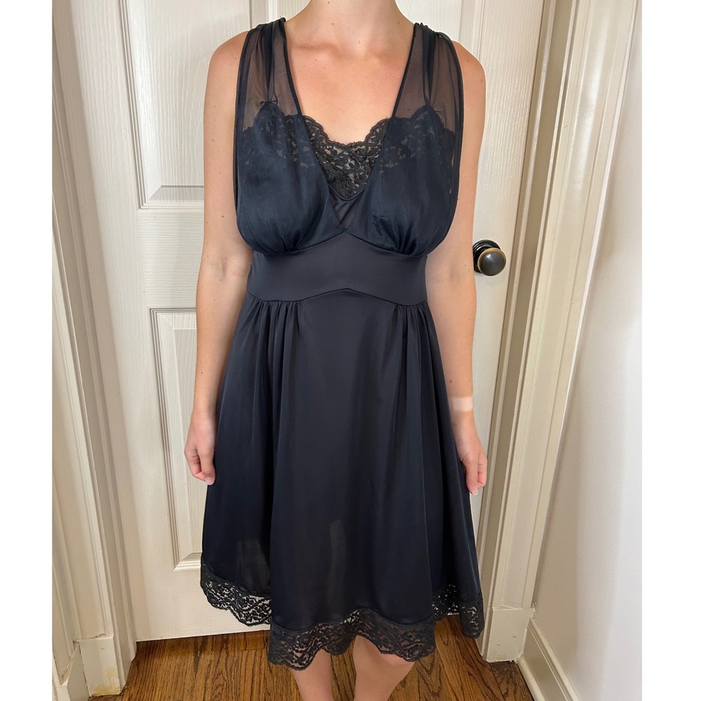 Vintage Black Lace Trim Mesh Overlay Empire Waist Slip Dress Lingerie Nightgown